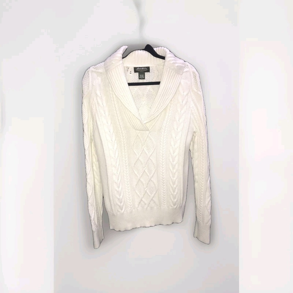 Eddie Bauer Chunky Cable Knit Fisherman Sweater Large Women's V Shawl Collar